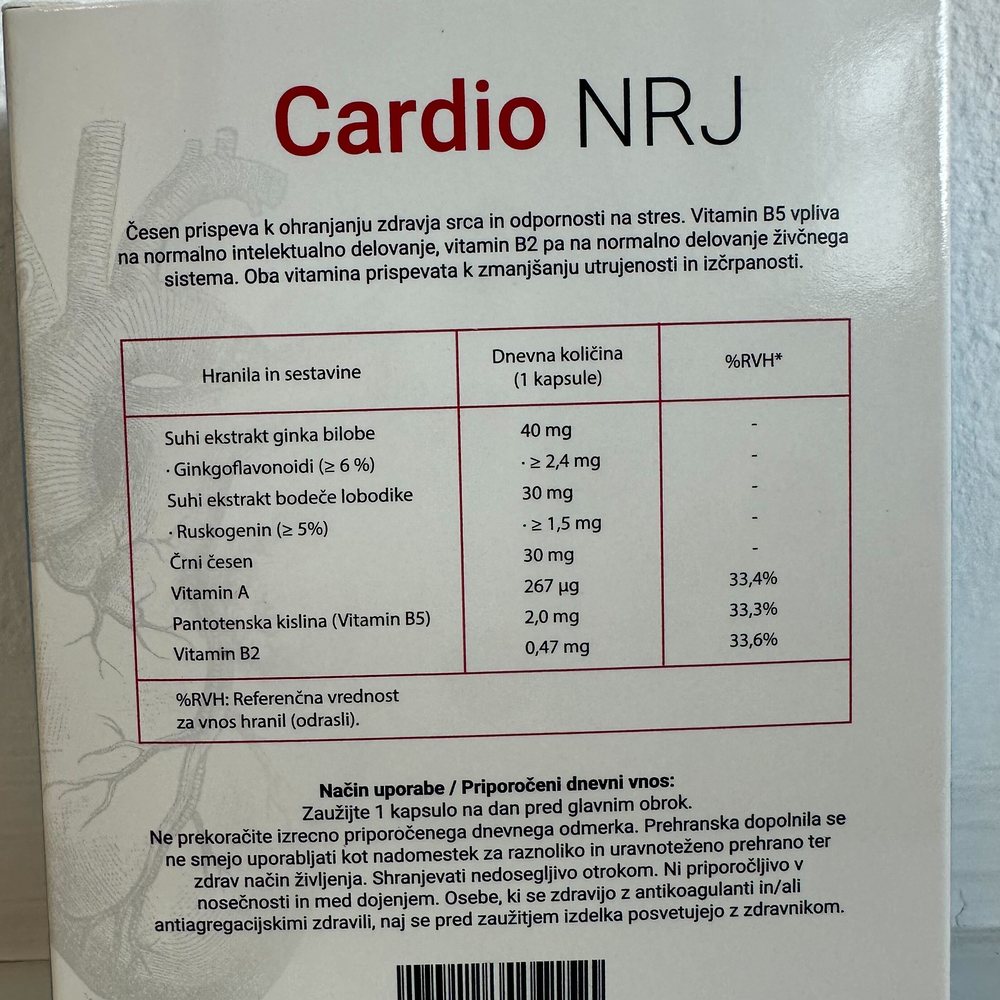 Bijela kutija Cardio NRJ s plavom trakom i blister kapsula