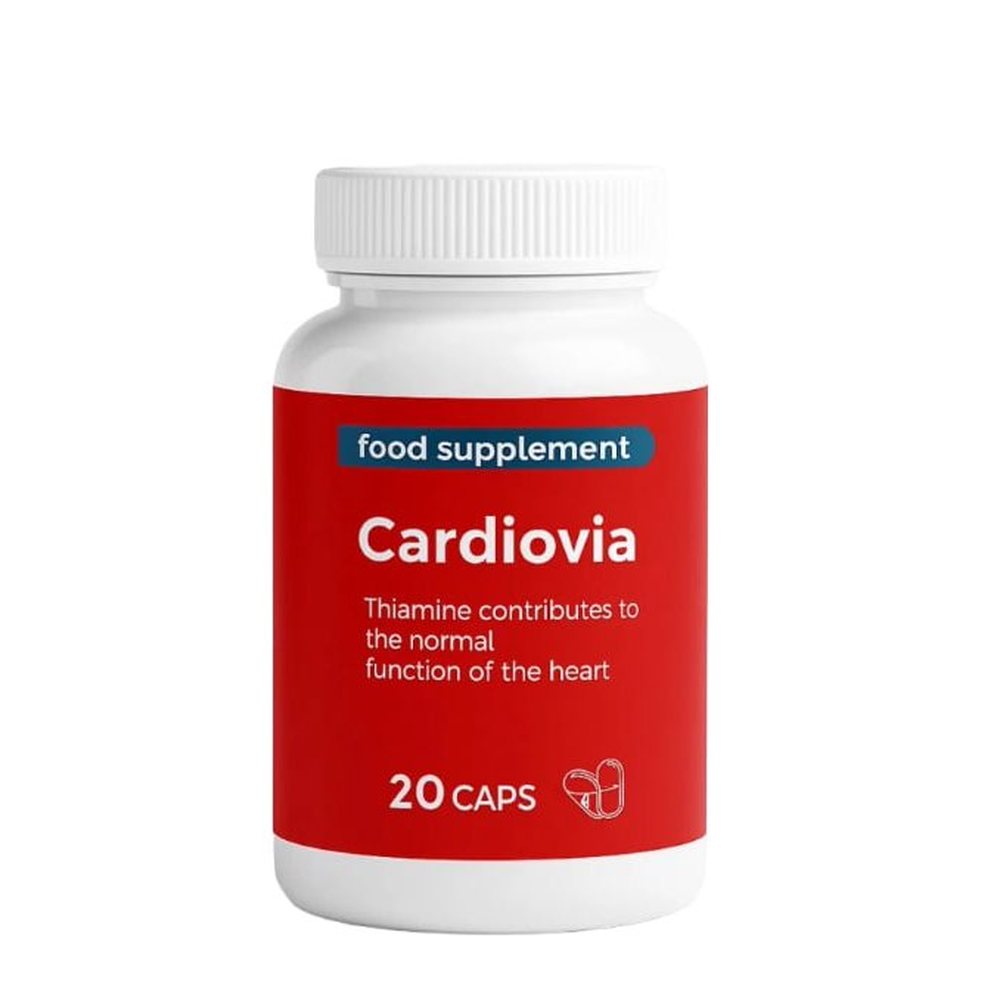 Crvena bočica Cardiovia s natpisom food supplement i 20 kapsula