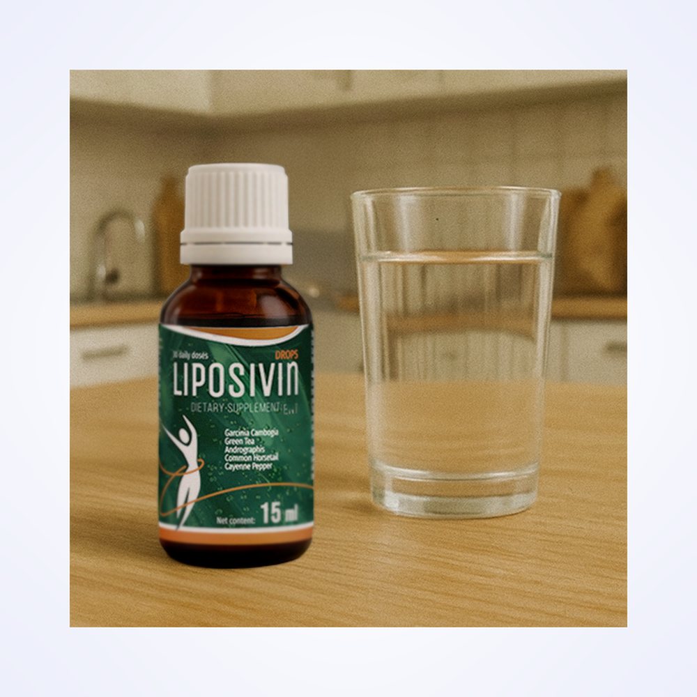 Liposivin, smeđa bočica s kapaljkom i čaša vode