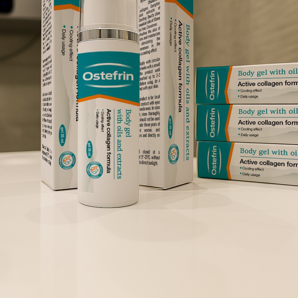 Bijela bočica s pumpicom Ostefrin gela i tirkizna kutija s natpisom o kolagenskoj formuli