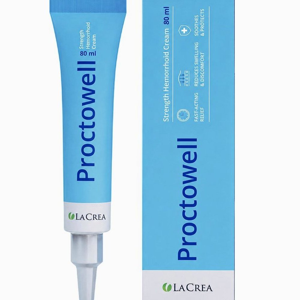 Proctowell, plava tuba od 80 ml s dugim nastavkom pored plave kutije